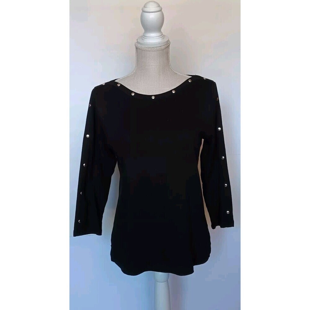 Rafaella Size S Black Boatneck Fitted Top with 3/4 Sleeve and Stud Detail - Picture 1 of 8